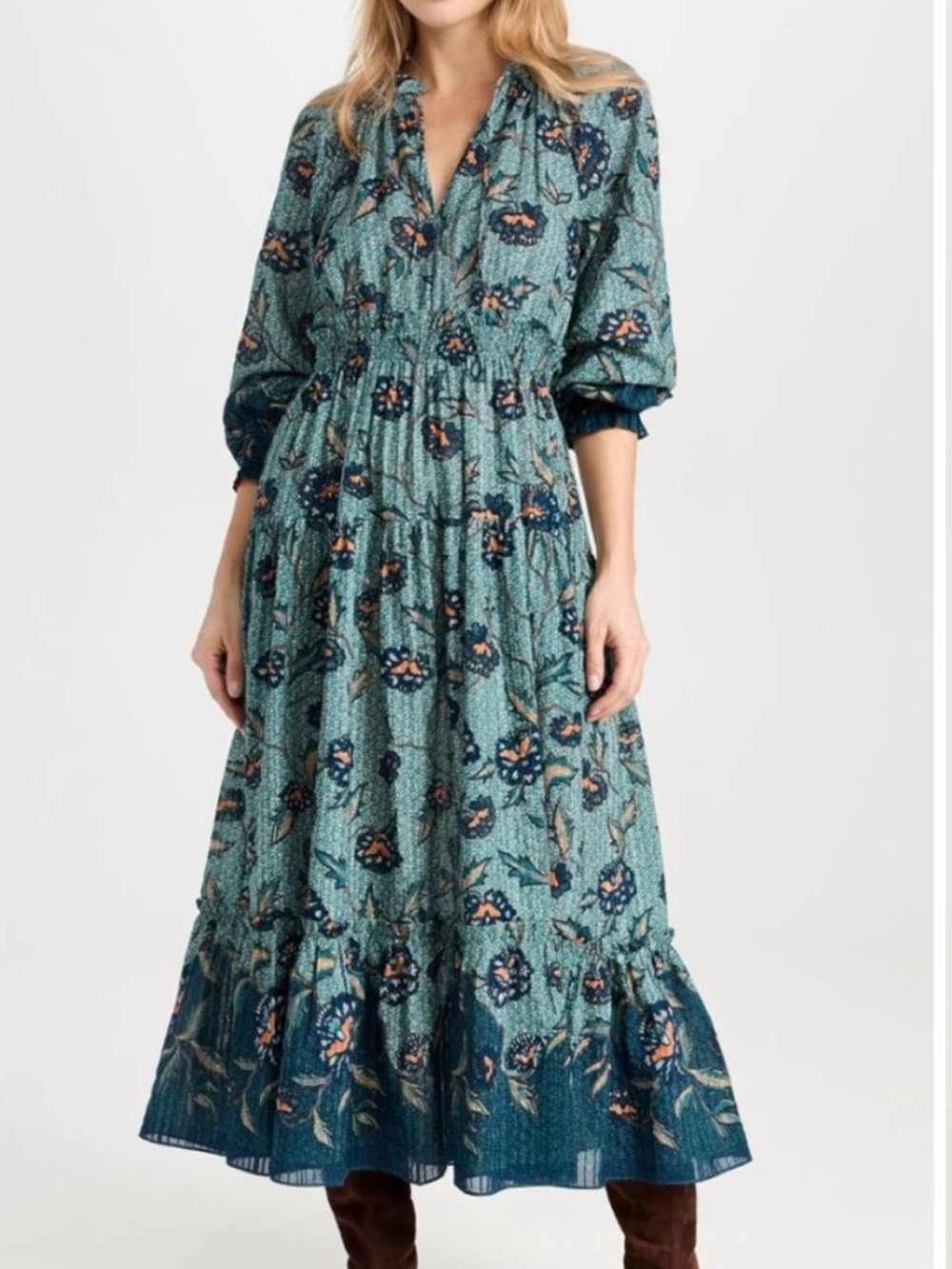 Ulla Johnson Katerina Cornflower Floral Midi Dress Smocked Waist Sz 10